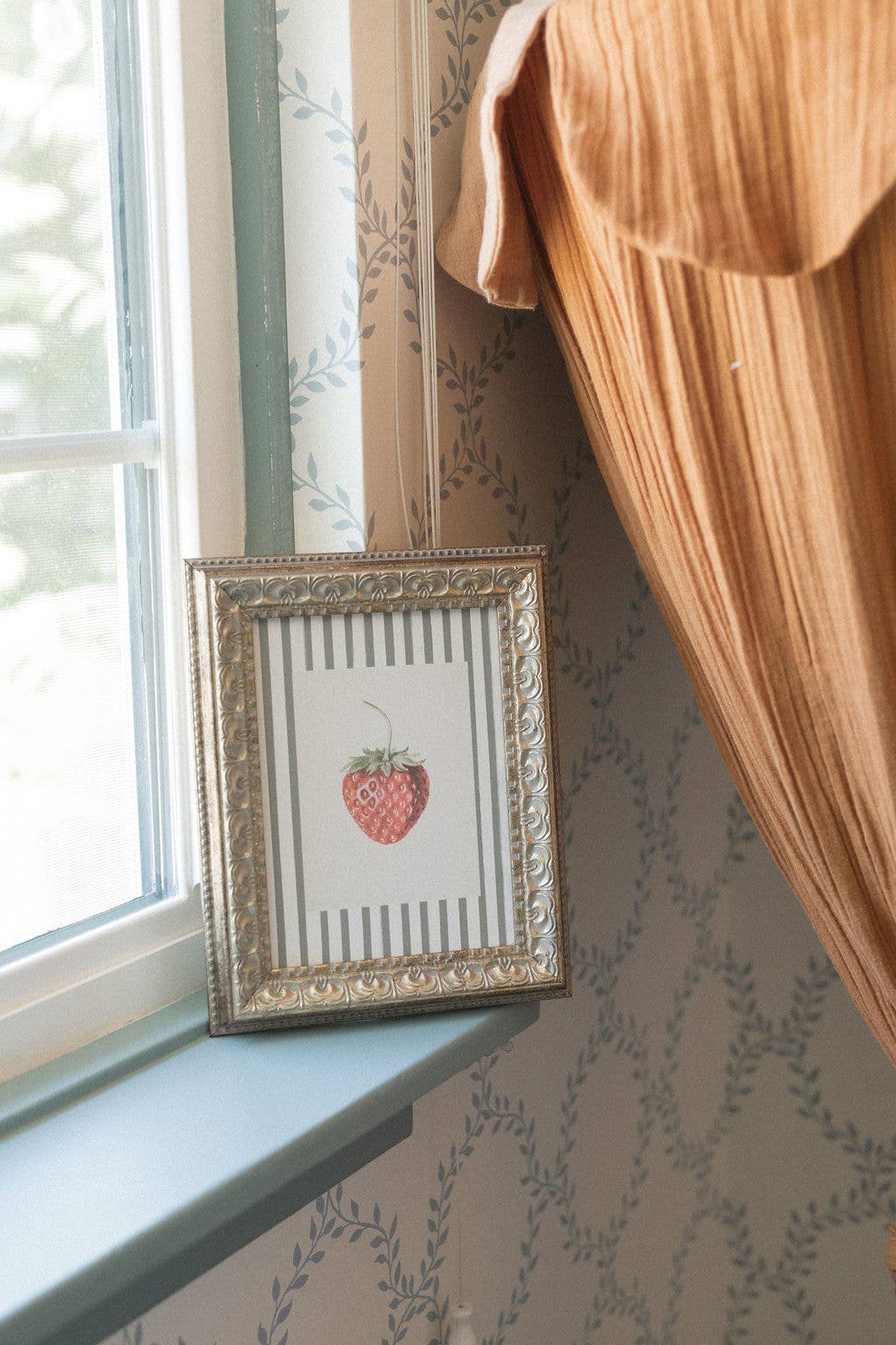 Strawberries on Stripes Framed Antique Art