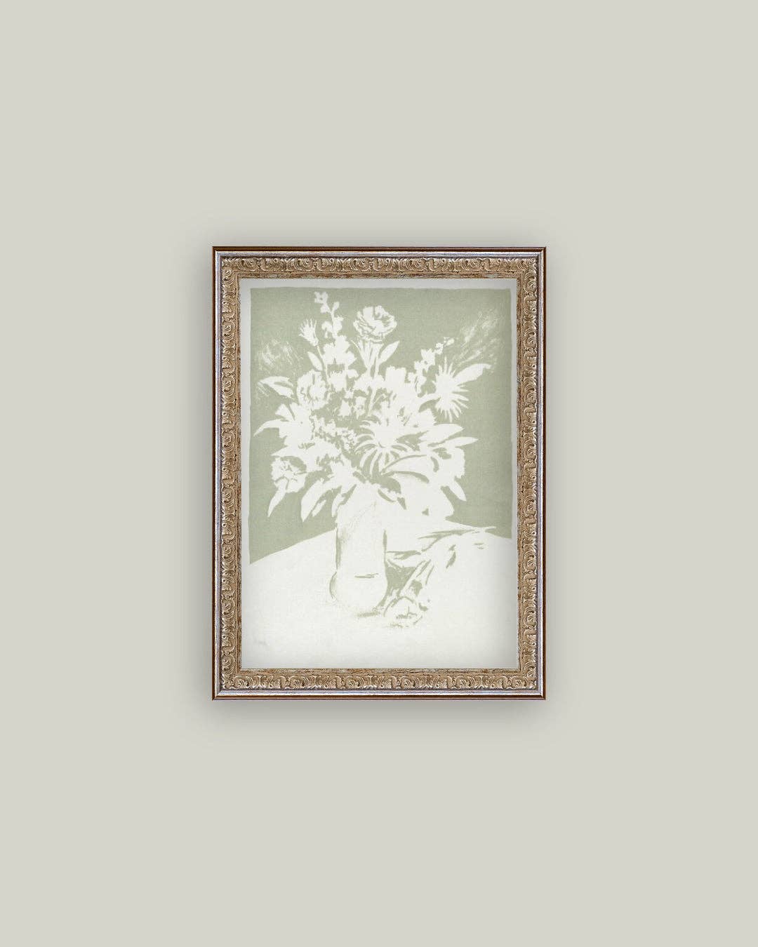 Mint and White Flowers Framed Antique Art