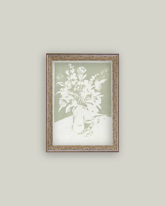 Mint and White Flowers Framed Antique Art