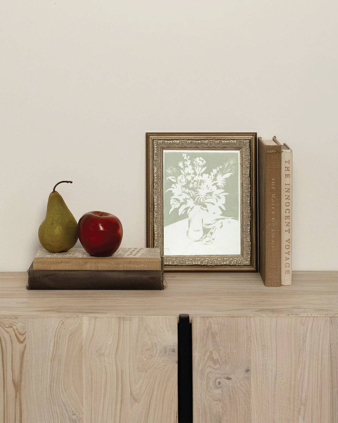 Mint and White Flowers Framed Antique Art