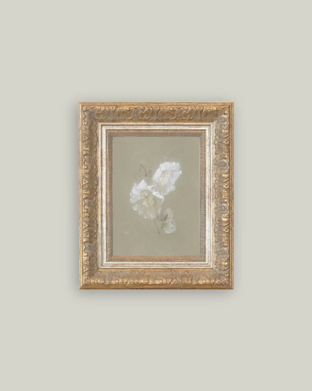 Sage and White Flowers Framed Antique Art